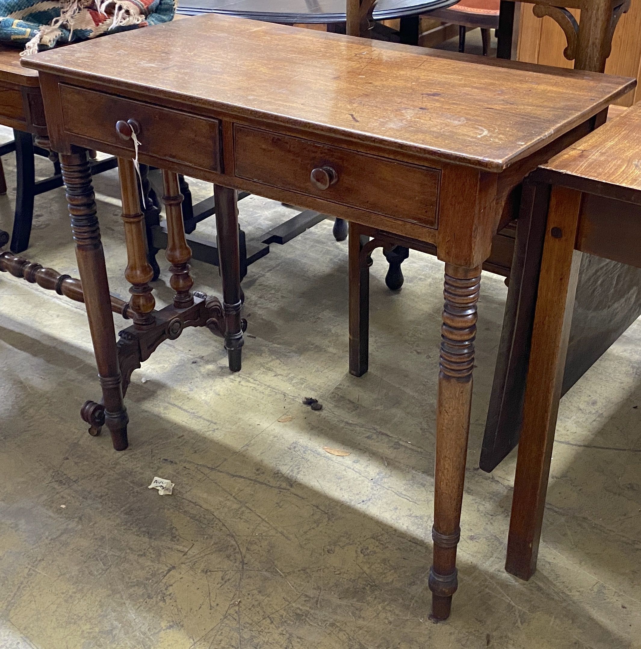 A Regency mahogany two drawer side table, width 83cm, depth 45cm, height 78cm